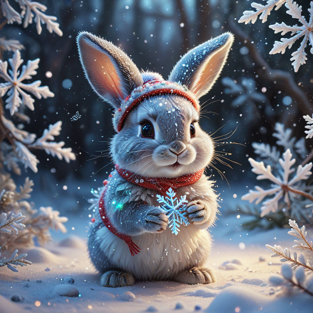 Whimsical Winter Wonderland with Cute Baby Bunny in Santa Ha...