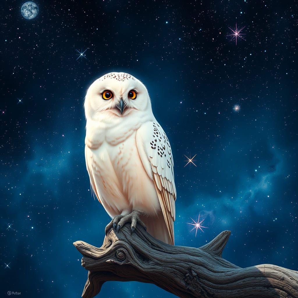 Starry Night Owl Perched in Whimsical Fantasy Realm