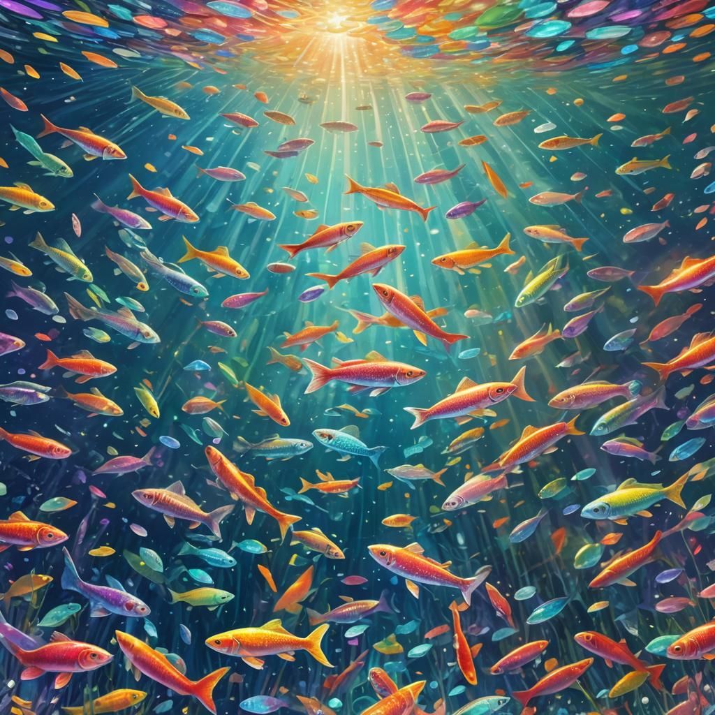 Cosmic Crystal Lake with Rainbow Fish