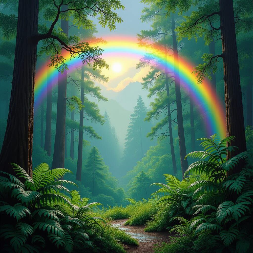 Vibrant Rainbow Over Lush Forest After Rain