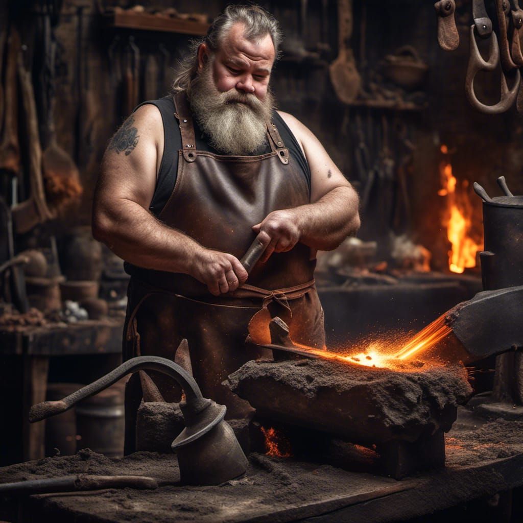Hyperrealistic Dwarf Blacksmith at Fiery Forge