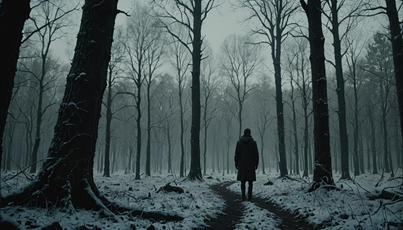 Ominous Figure Watching from Snowy Woods: Chiaroscuro Painti...