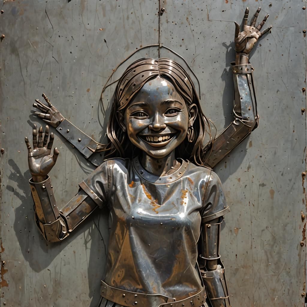Smiling Metal Cyborg Girl Waving