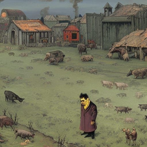 Vampire Selling Pigs in Post-Apocalyptic Market, Naive Art