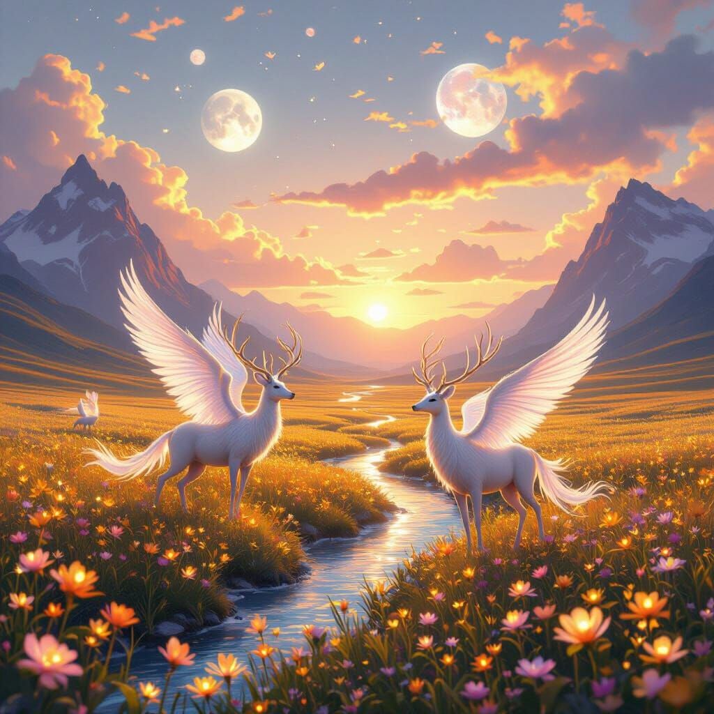 Ethereal Deer and Phoenixes in Golden Fields