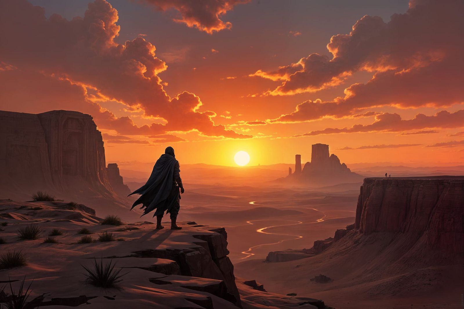 Explorer Silhouetted Against Double Sunset Over Ancient Dese...