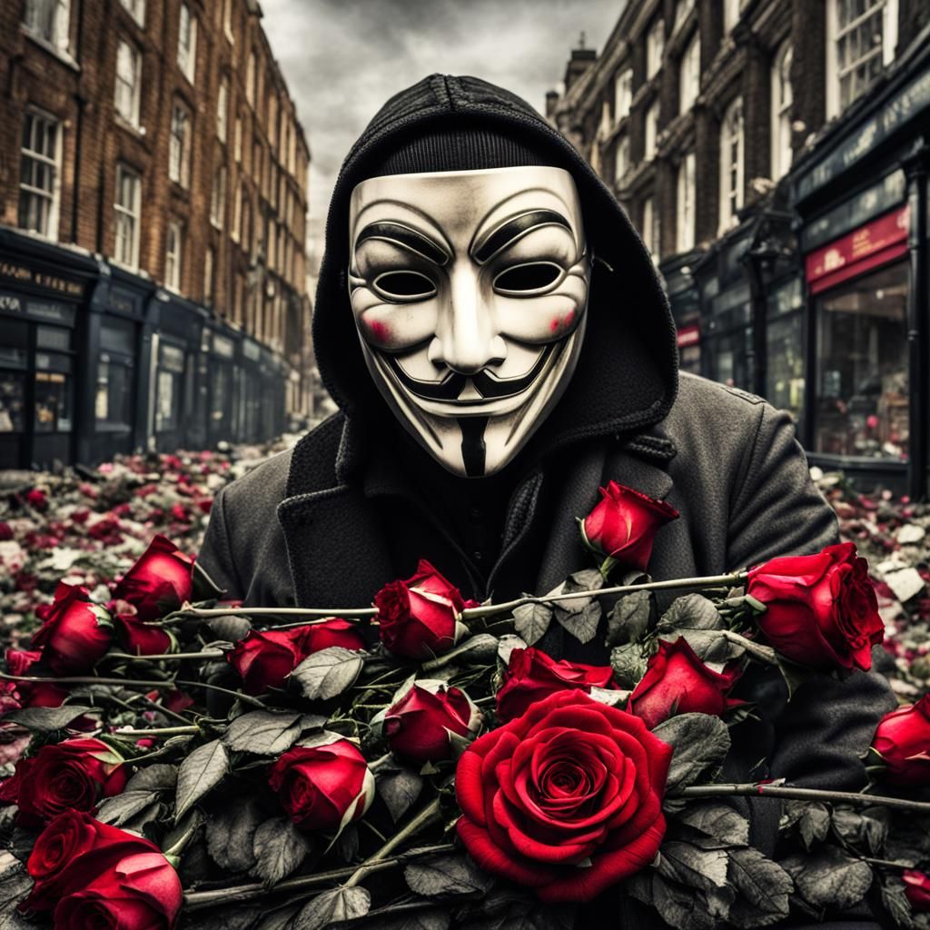 Man with V from Vendetta mask with roses in destroyed London