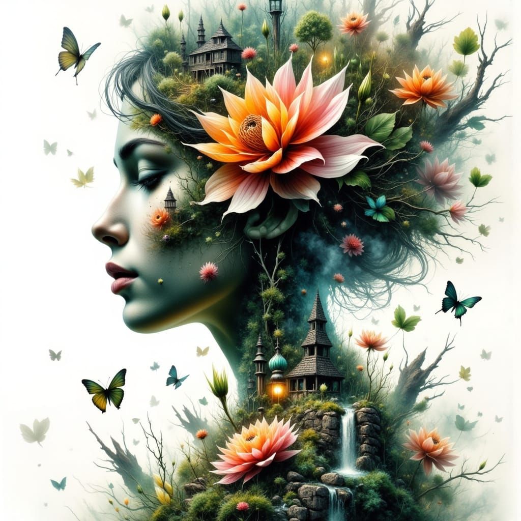 Woman Merging with Surreal Flowers and Nature Elements