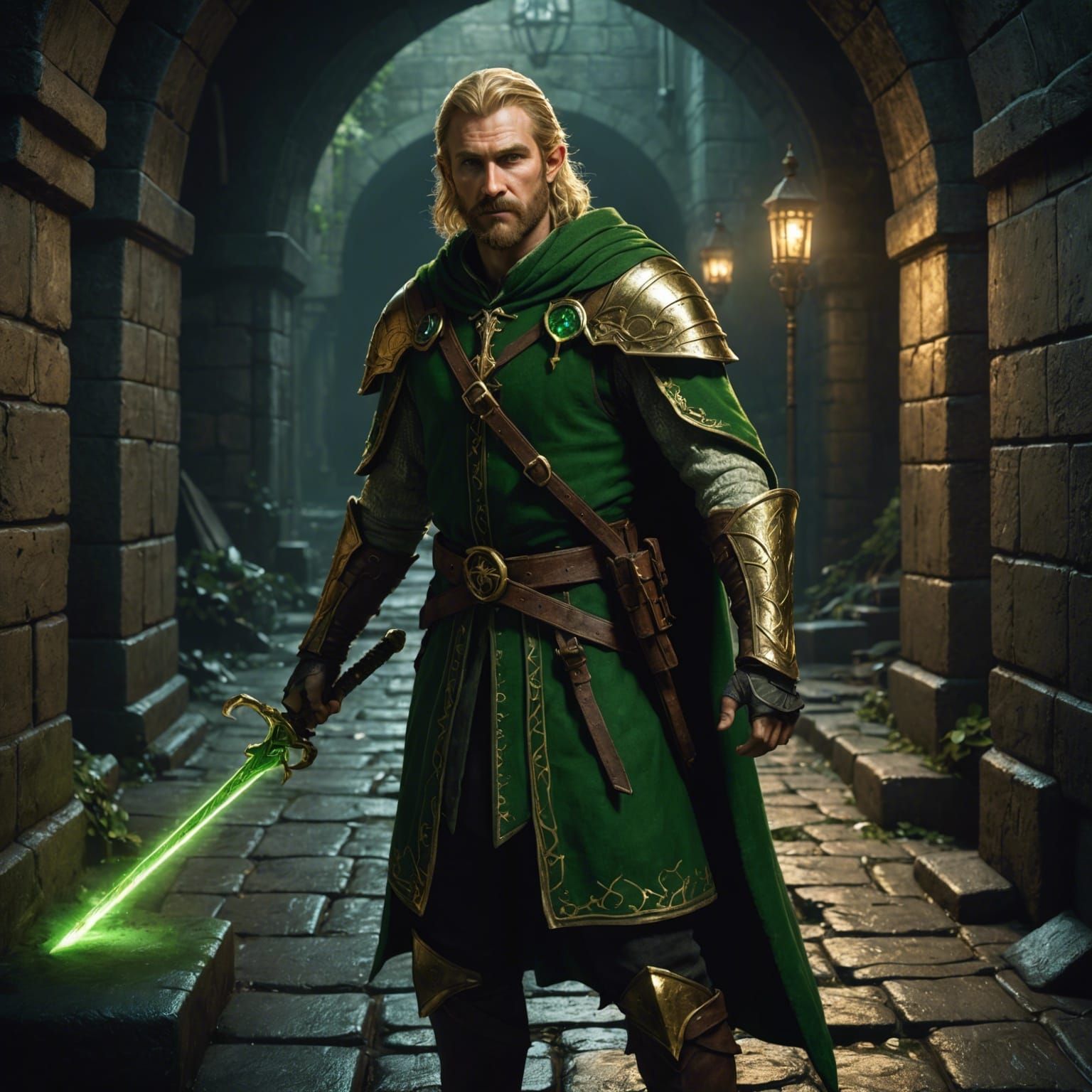 Elf Rogue in Sewer with Glowing Rapier