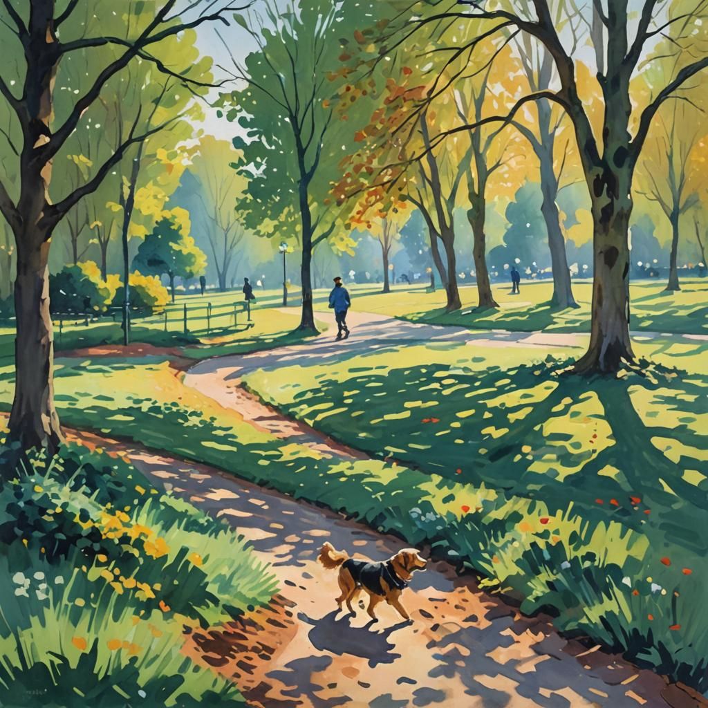 Impressionist Gouache: Person Walking Dog in Park
