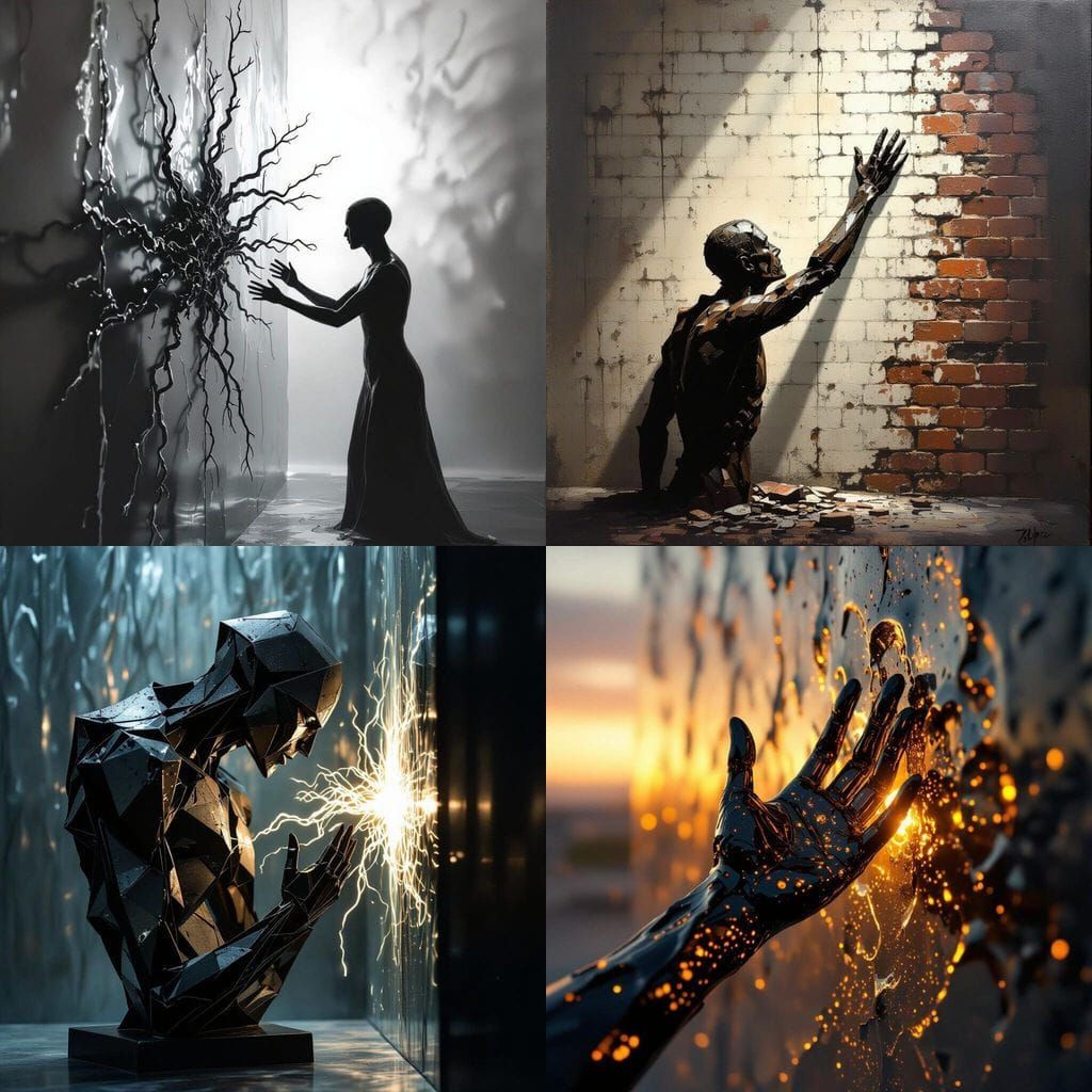 Abstract Metal Statue Reaching Through Blurry Wall