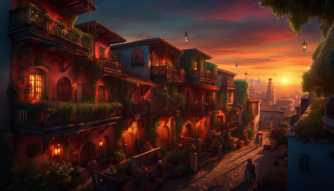 Thriving Latin Village at Sunset in Unreal Engine