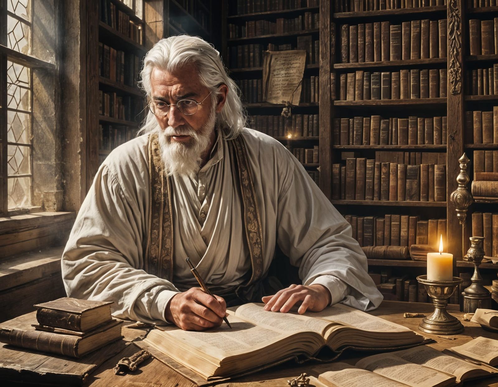 Scholar Studying Ancient Manuscripts in Alexandria