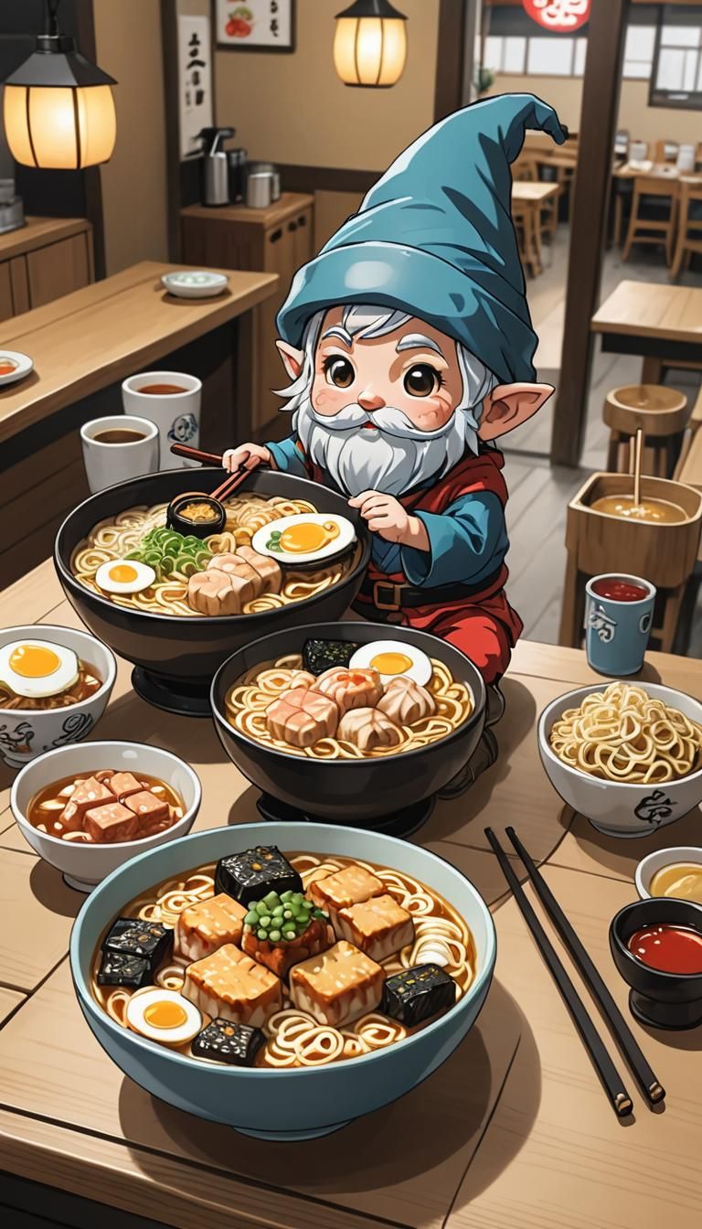 Chibi Gnome's Ramen Feast in Anime Style