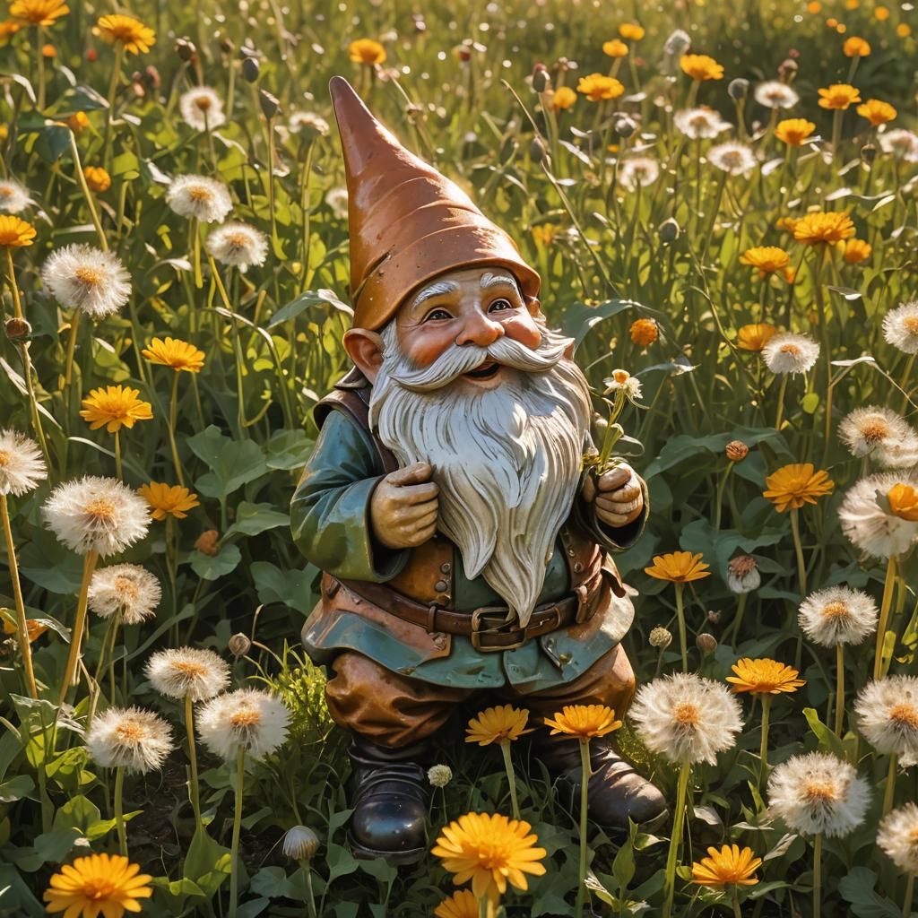 Garden Gnome Wishes on Dandelions at Dawn
