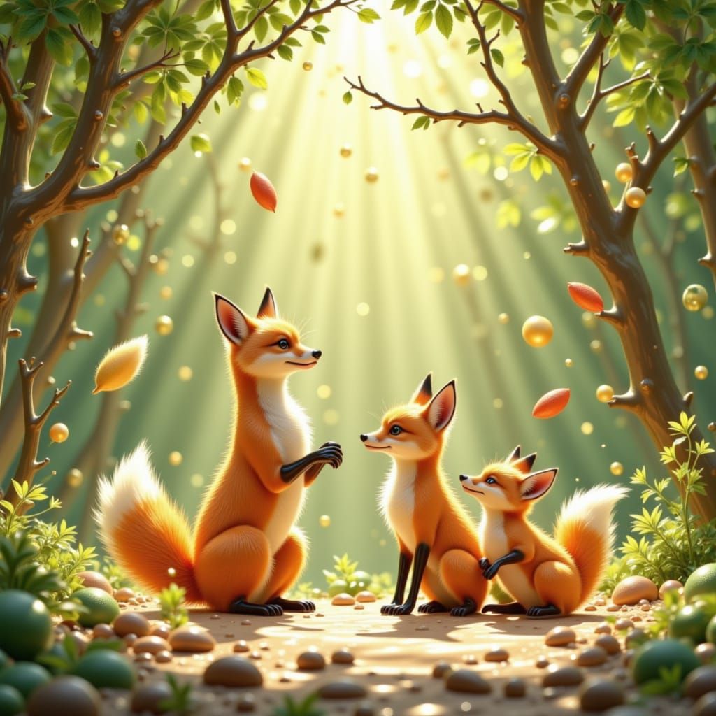 Three Adorable Foxes in a Sunlit Forest Clearing