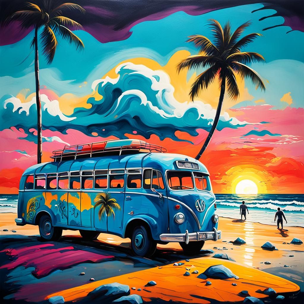 Vintage WV Bus on Beach in Graffiti Style