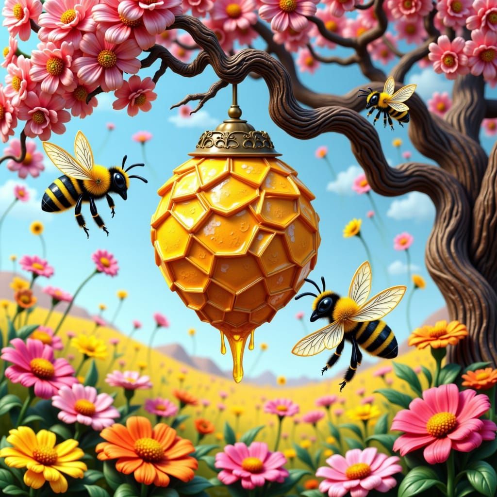 Enchanted Meadow Scene with Colorful Bees and Iridescent Hiv...