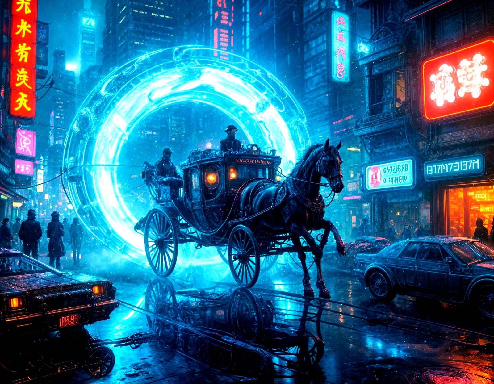 Victorian Carriage in Cyberpunk Neon Cityscape