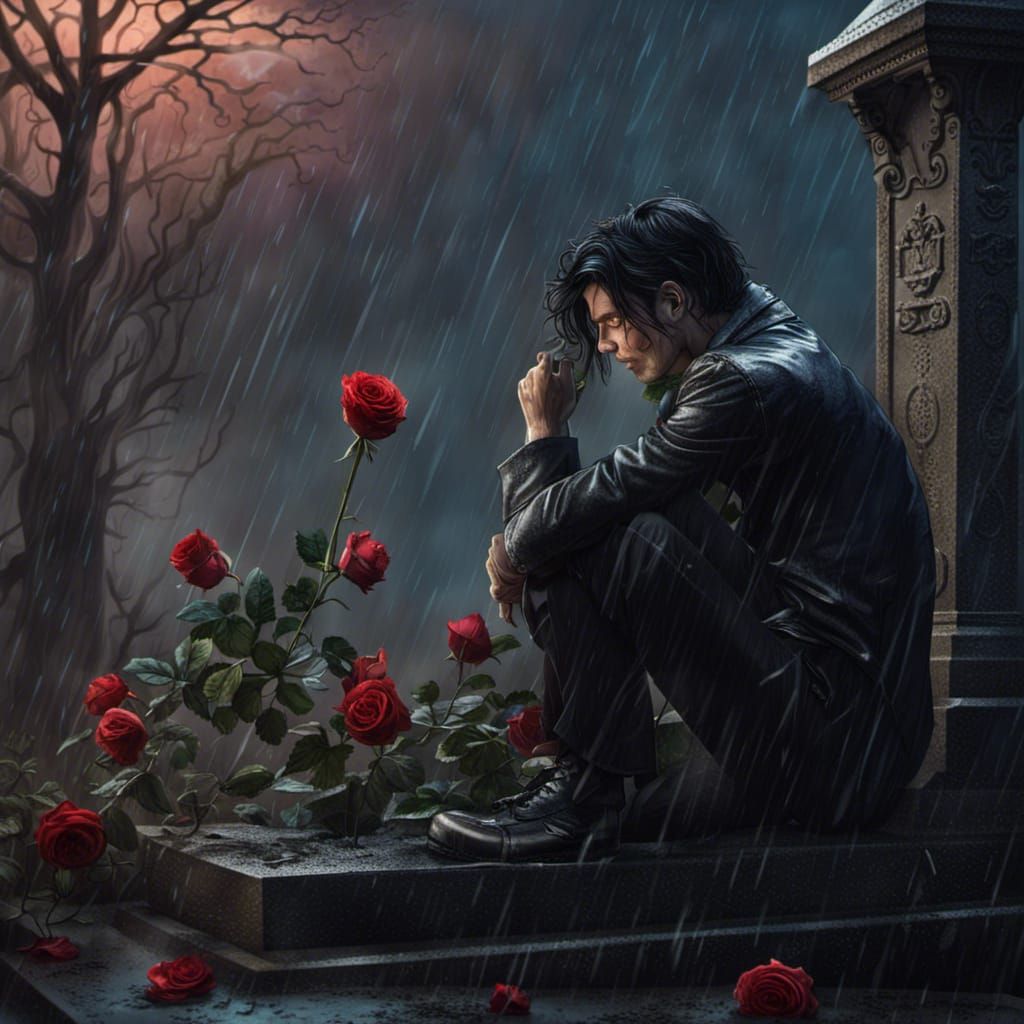 Forlorn Man Crying in Graveyard at Night