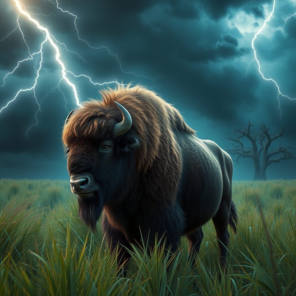 Majestic Bison in Tempestuous Grassland Stormscape