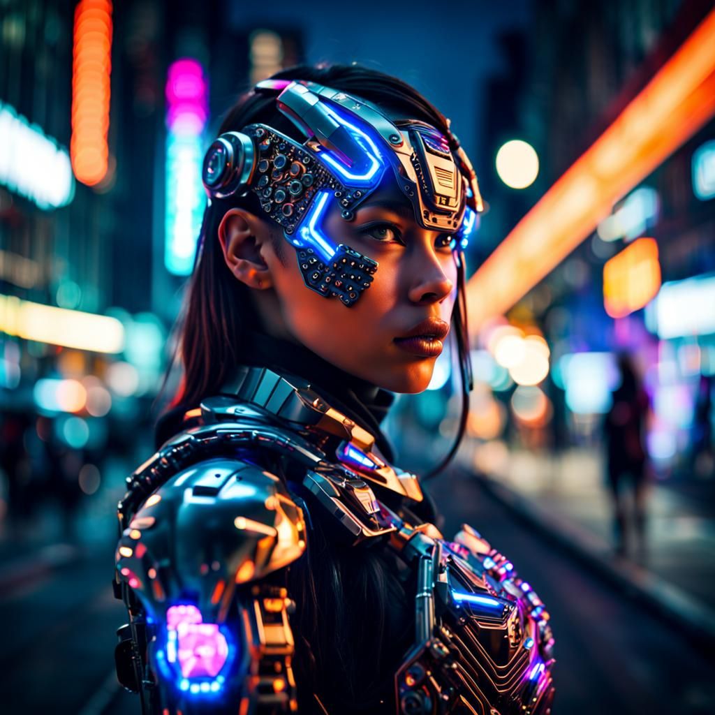 Cyborg Girl Portrait in Neon Cityscape
