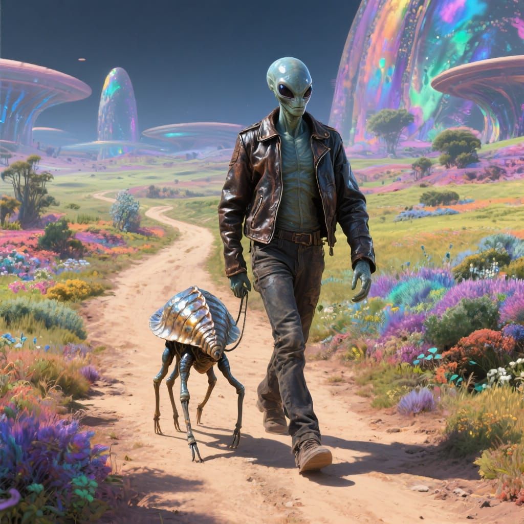 Alien and Pet in Vibrant Alien Landscape