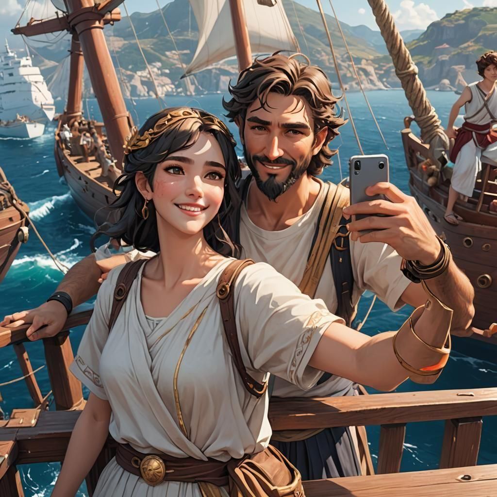 Odysseus Selfie: 3D Anime Art in Old Greece