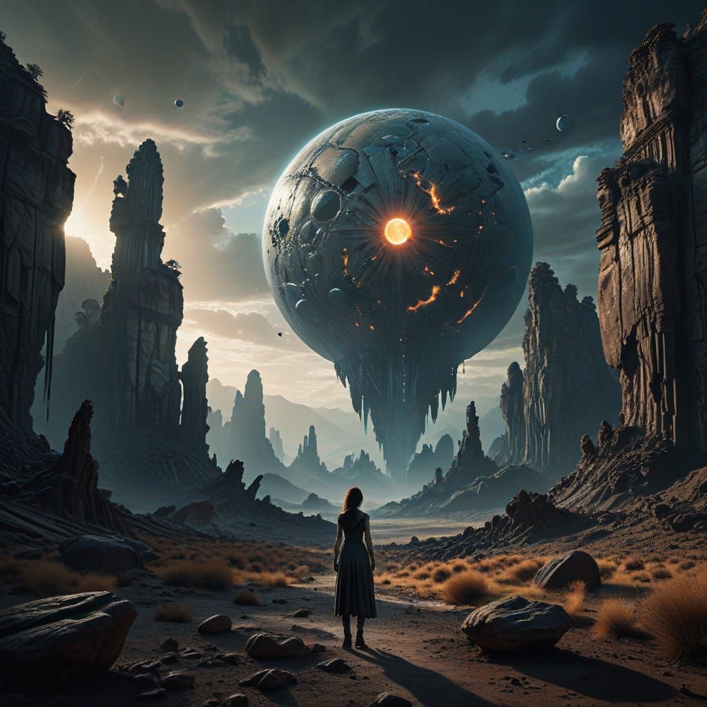 Woman Gazes at Ancient Alien Artifact in Digital Matte Paint...