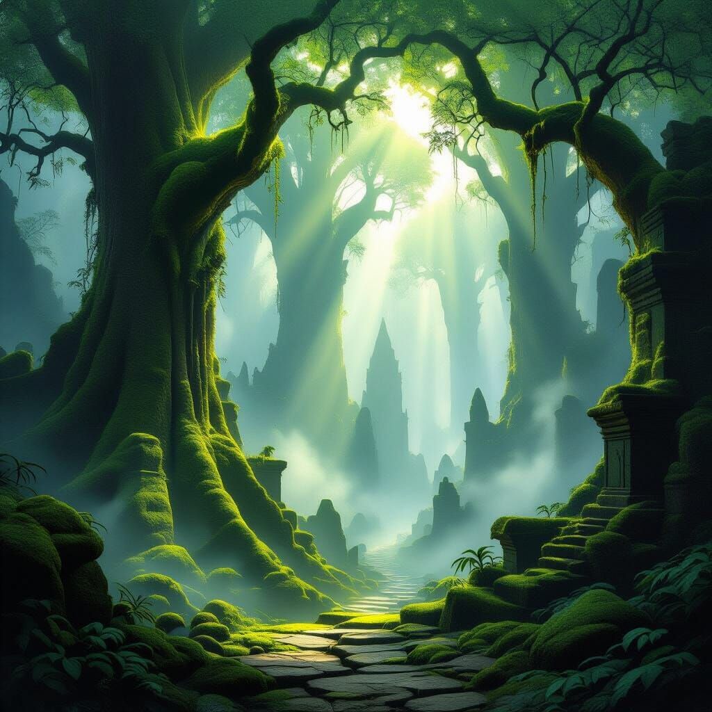 Elven City Revealed in Misty Jungle, Painterly Style