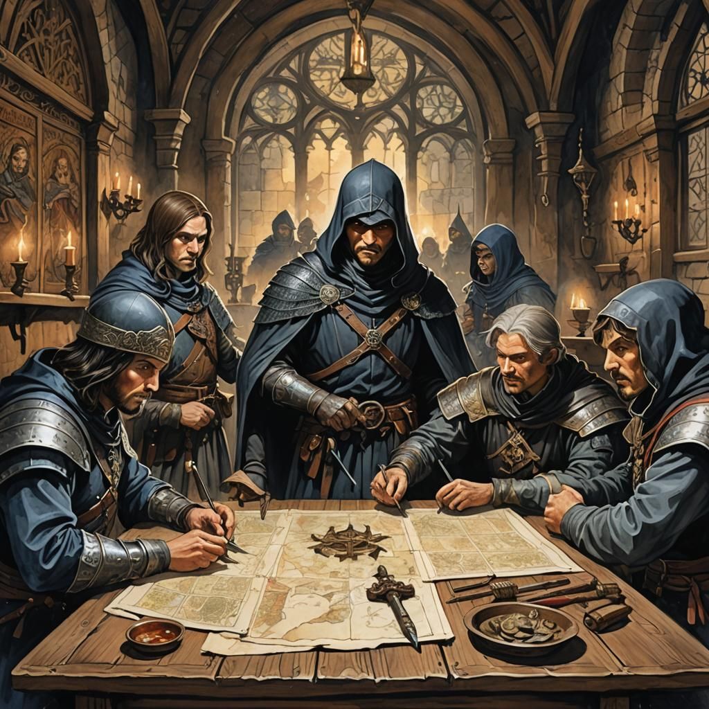 Assassins Plotting in Medieval Lair as Gouache Painting
