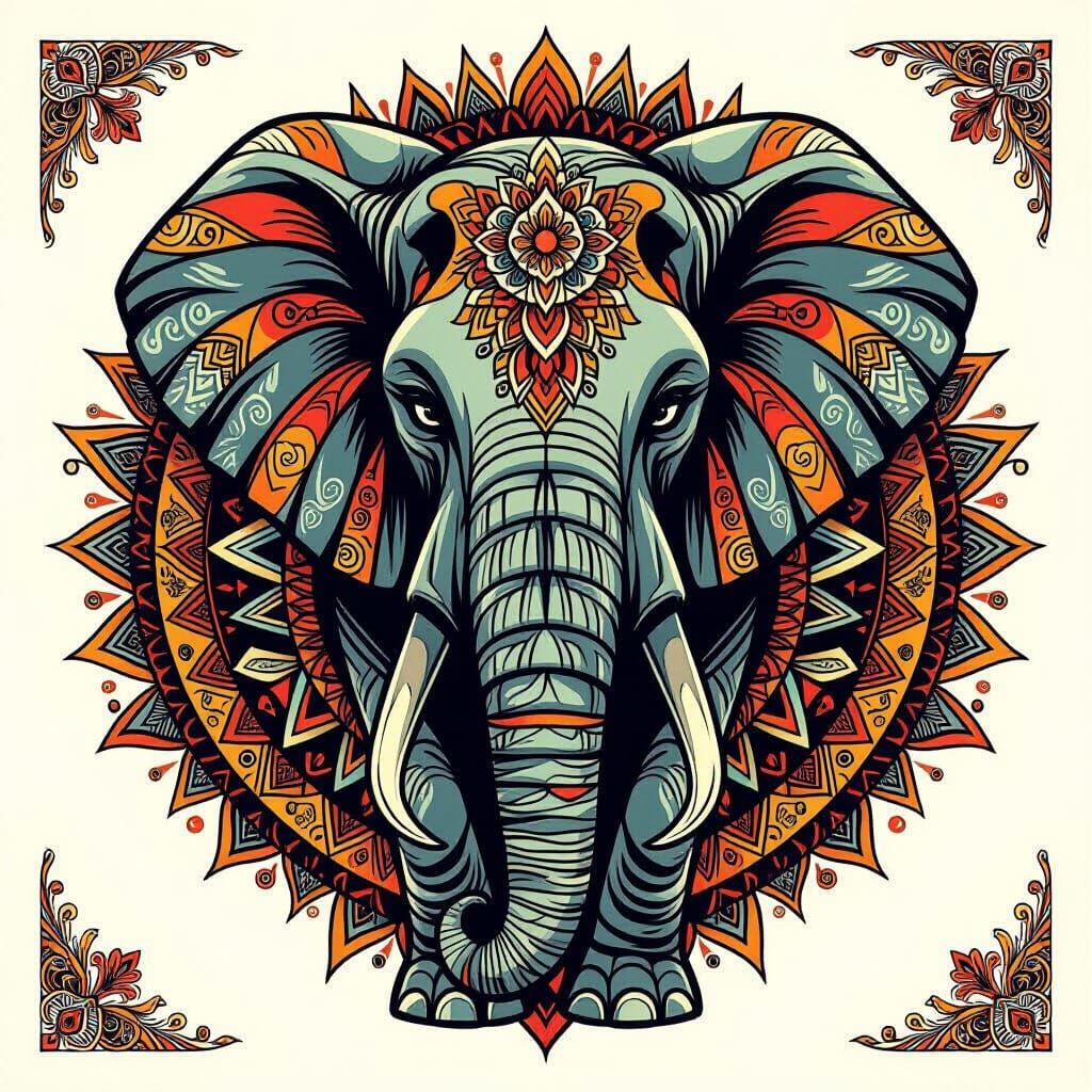 African Elephant Flash Tattoo Art in Bold Colors