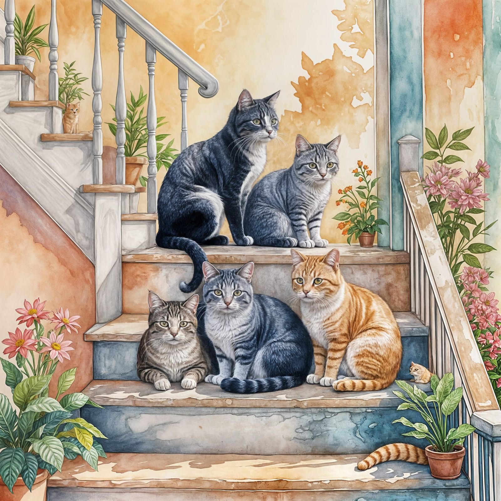 Cats Napping on Colorful Staircase