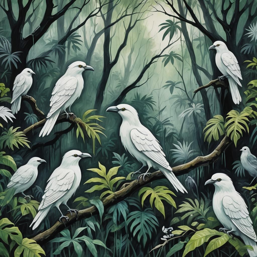 Eerie Jungle Scene with White Bird Ghosts