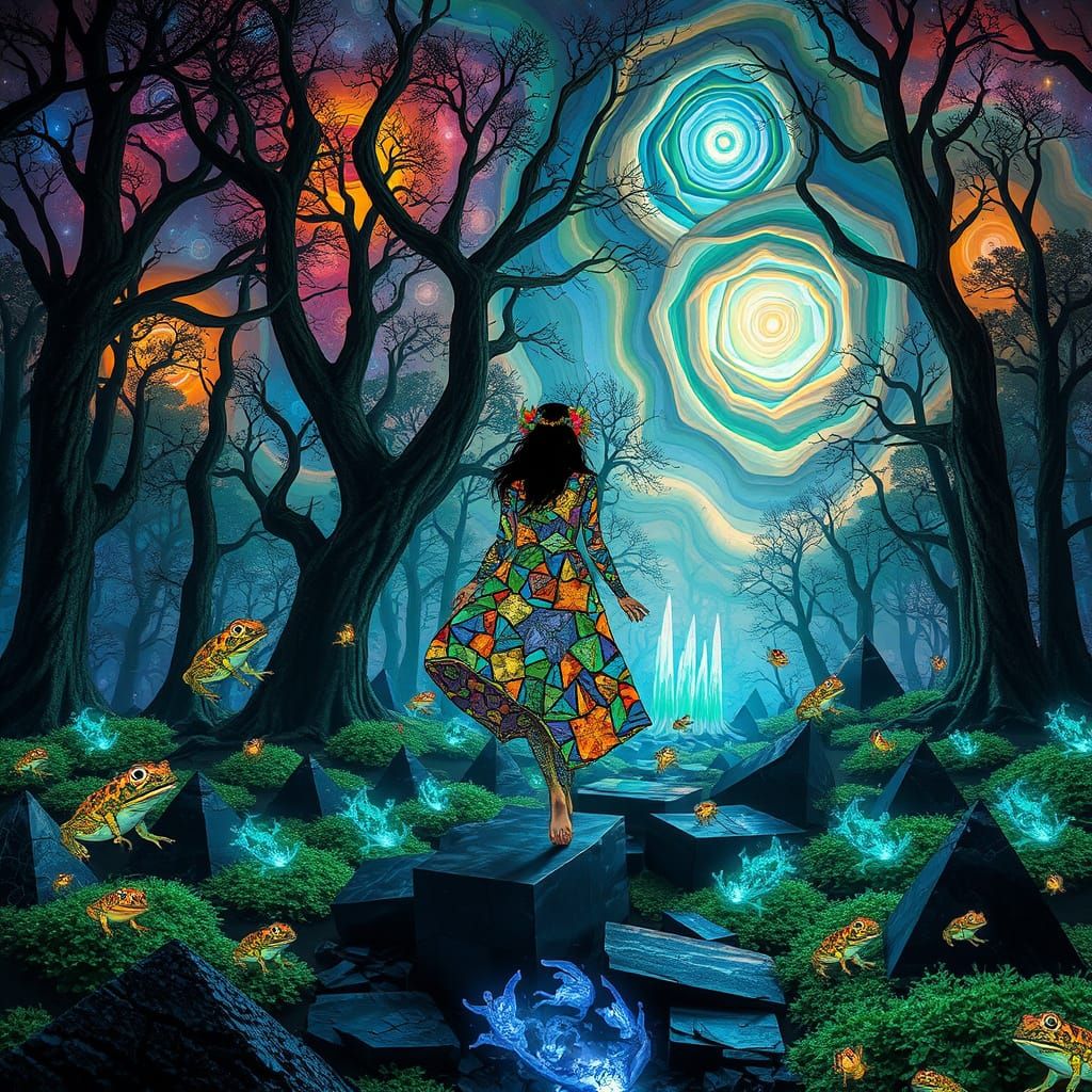 Ethereal Stained Glass Forest with Swirling Nebulae