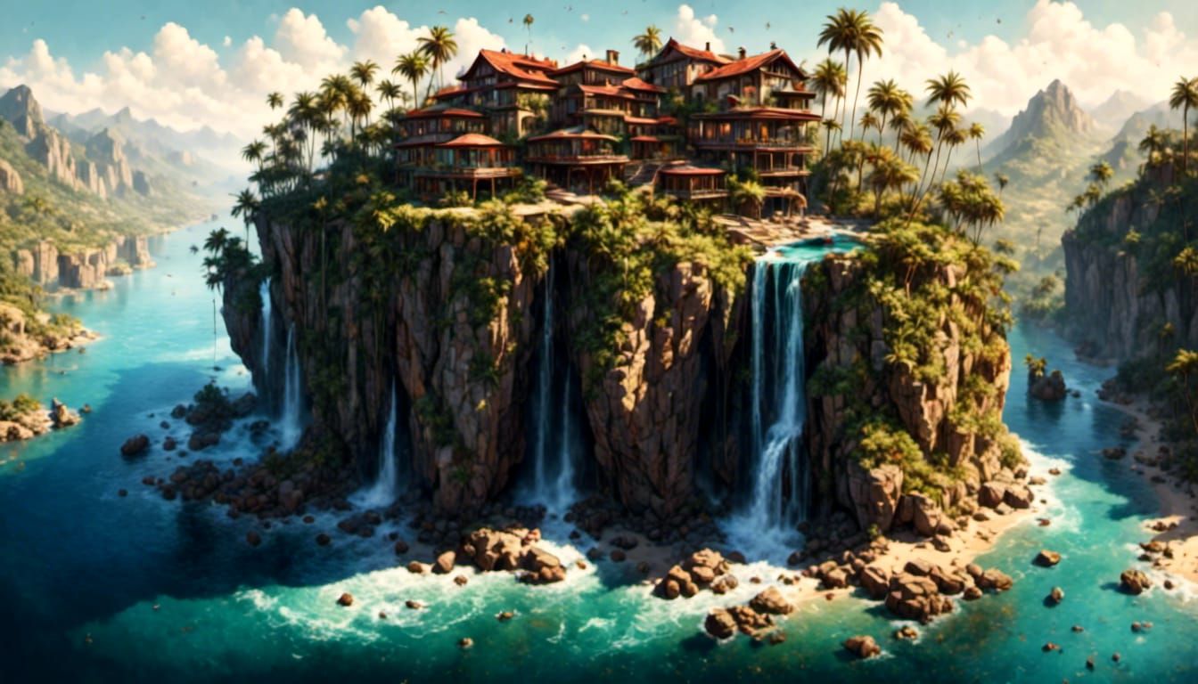 Cliffside House Concept Art with Waterfall Oasis