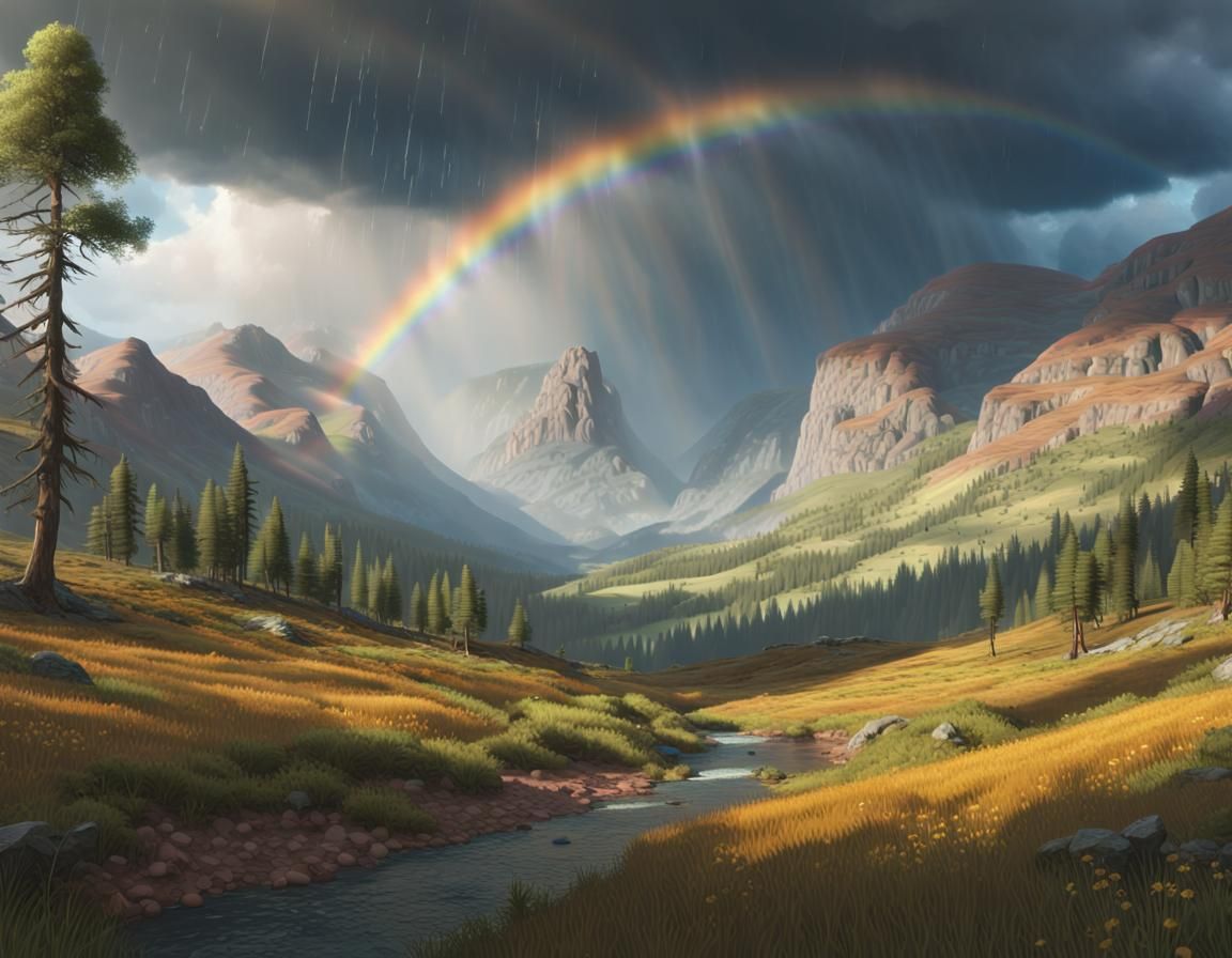 Landscape with Rainbow in Cel-Shaded Digital Art