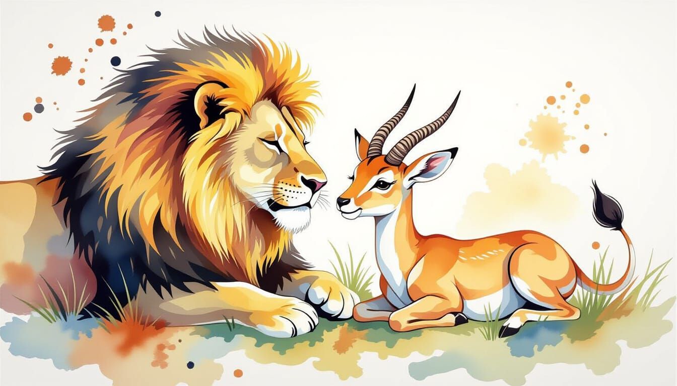 Lion and Gazelle Play Wrestling in Watercolor and Alcohol In...