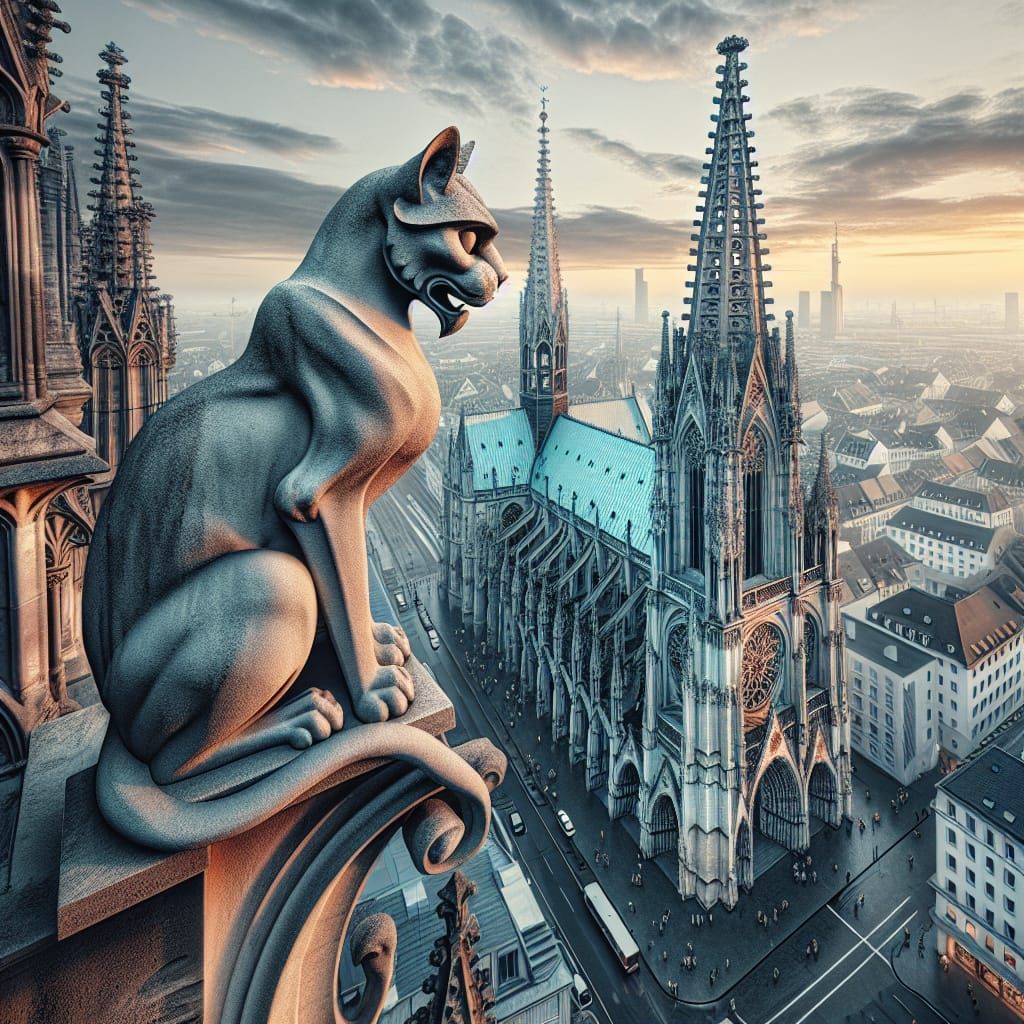 Cat Gargoyle Perched Atop Cathedral in Hyperreal Detail