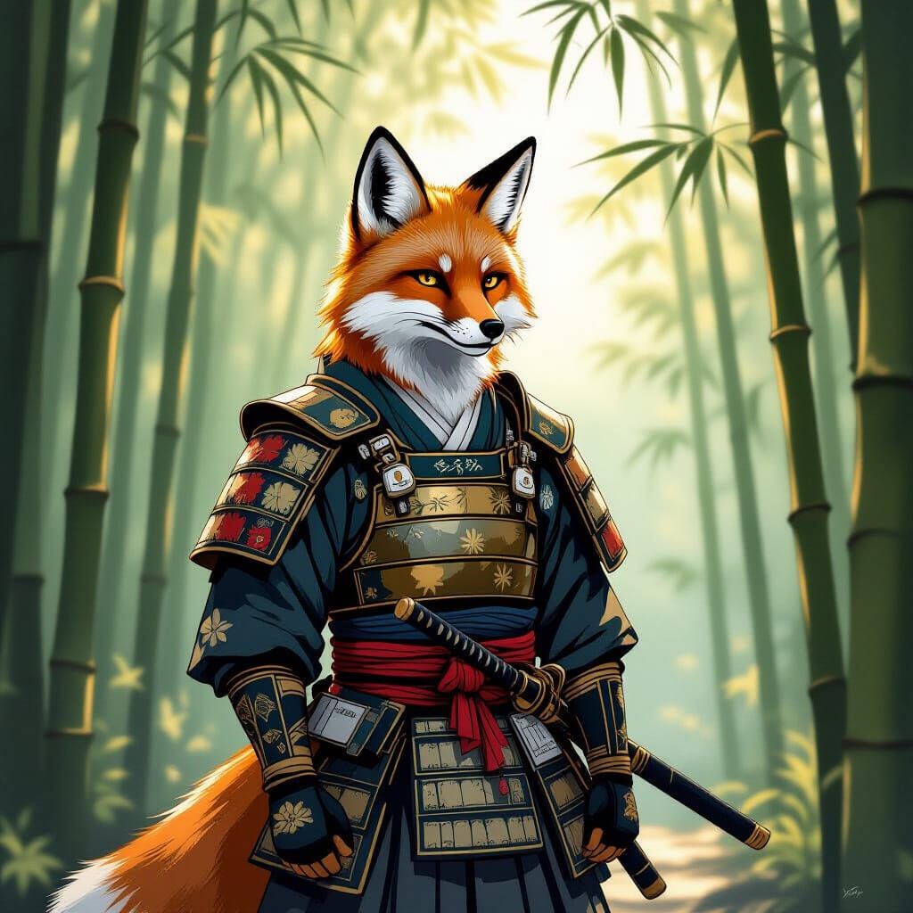 Samurai Fox Warrior in Ancient Japan Watermark Style