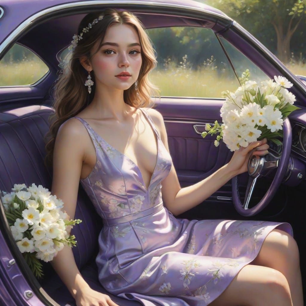 Surreal Girl Sits in a Fast Car Under Heavenly Sunlight