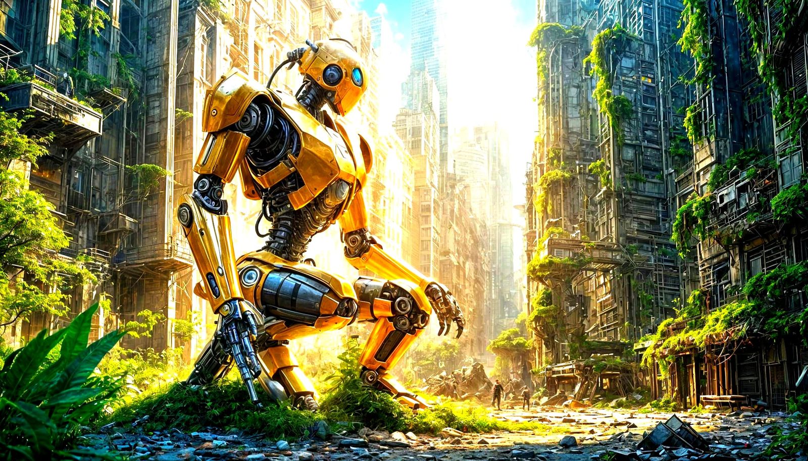 Guardian Robot Protecting Nature in Ruined City as Anime Art