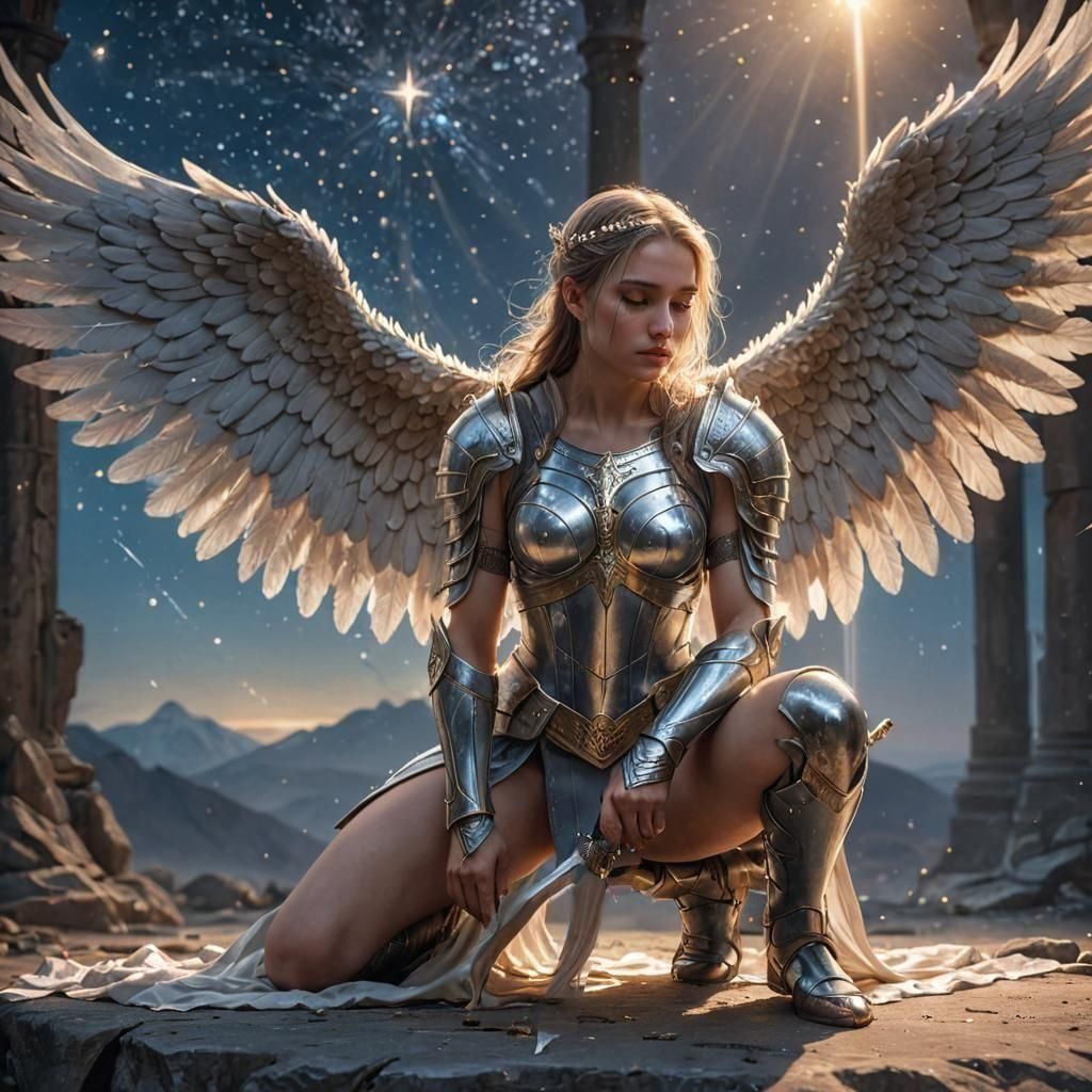 Celestial Warrior Angel in Twilight, Detailed Matte Painting