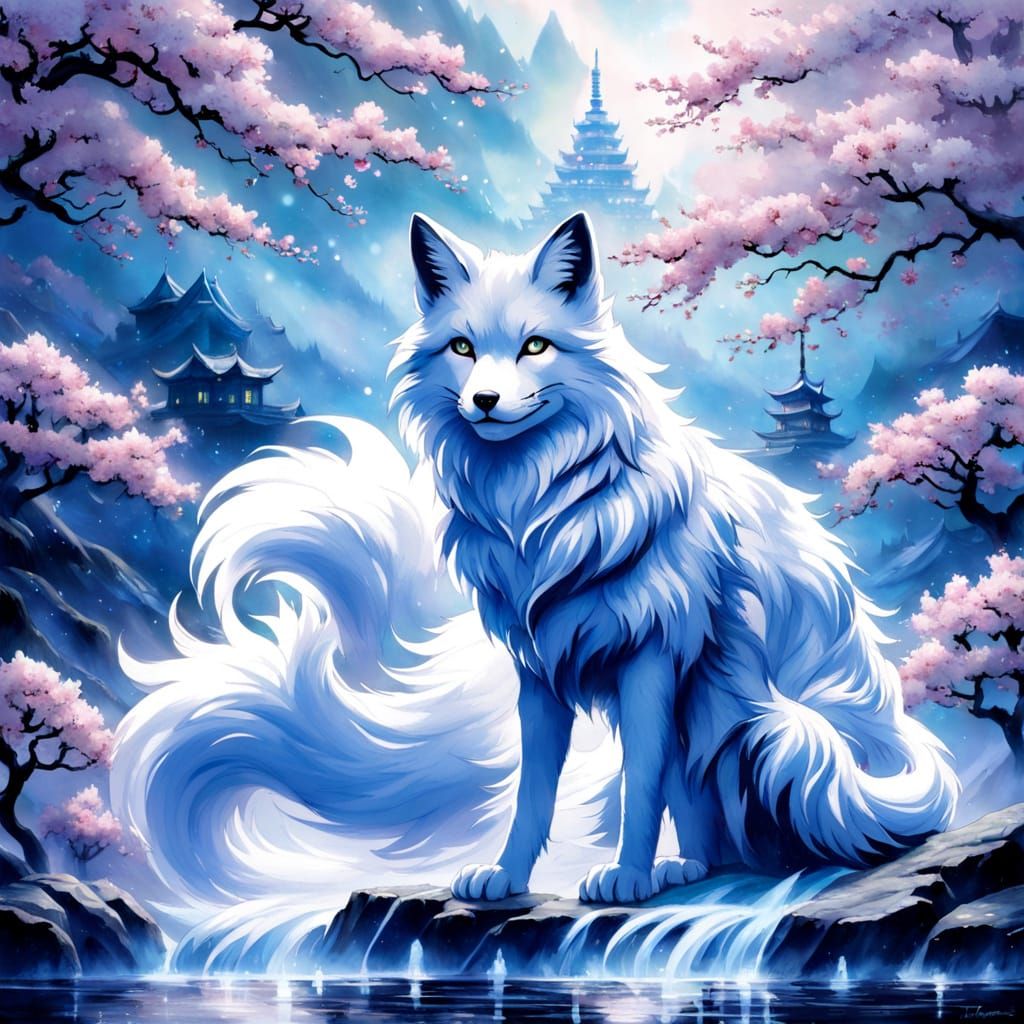 Mystical Fox Surrounded by Cherry Blossoms in Ethereal Fanta...