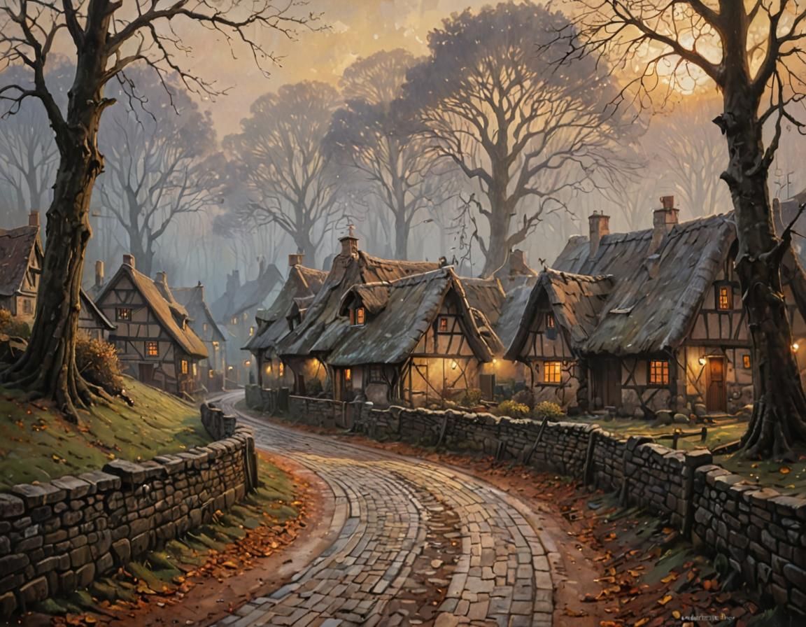 Dark Fantasy Village in Impressionistic Acrylic Painting