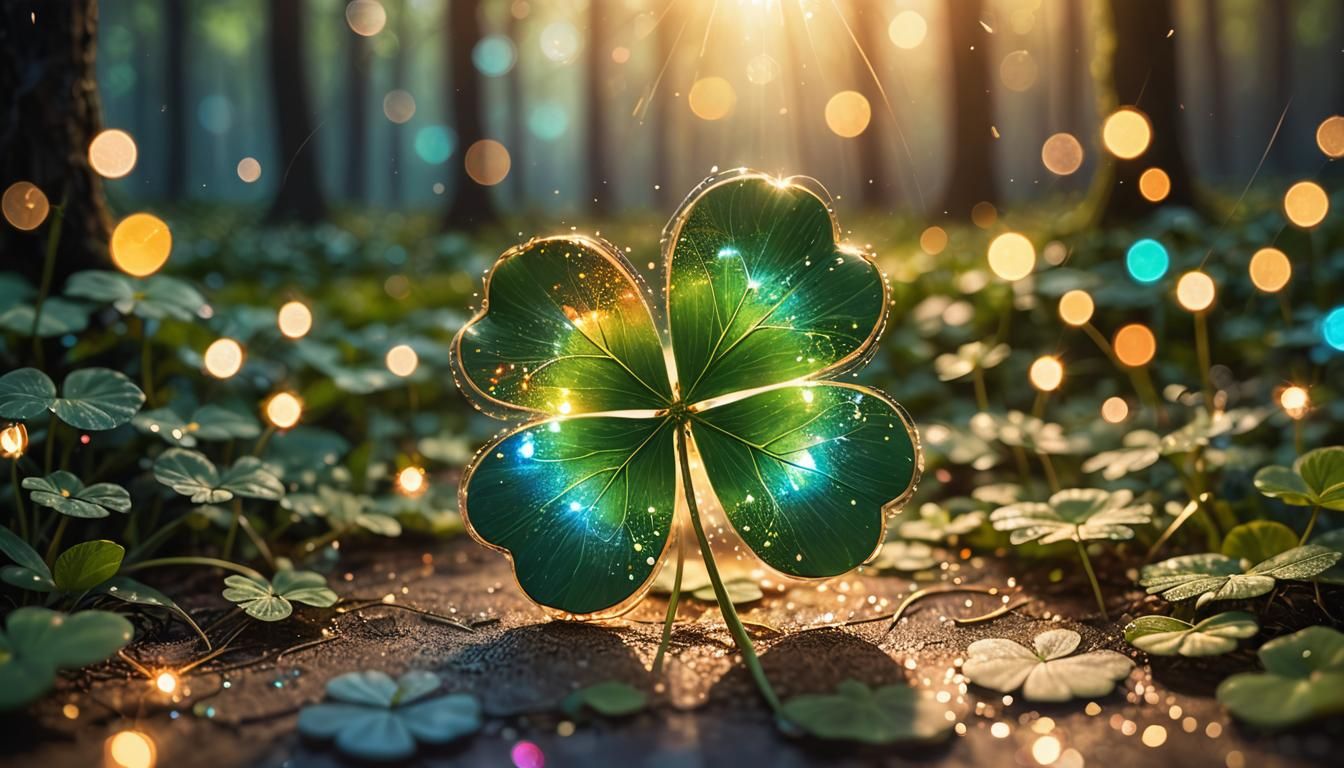 Glowing Four-Leaf Clover with Rainbow, in Comic Book Style