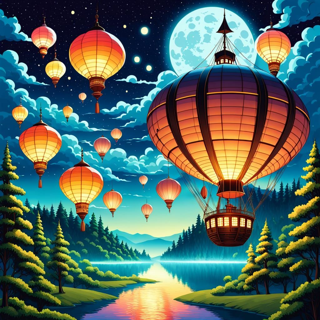 Golden Age Airship Sails Under Full Moon