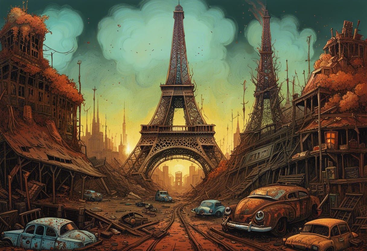 Post-Apocalyptic Paris Panorama in Psychedelic Surrealism St...