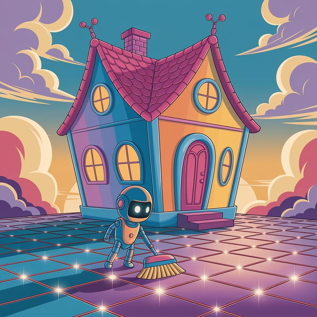 Whimsical House Floats in Sky with Tiny Sweeping Robot