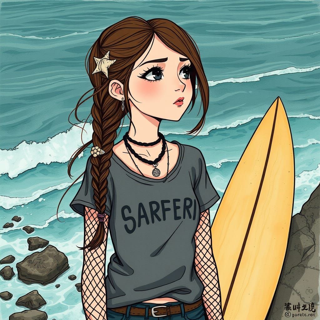 Whimsical Bohemian Surfer Girl with Braids and Dark Style